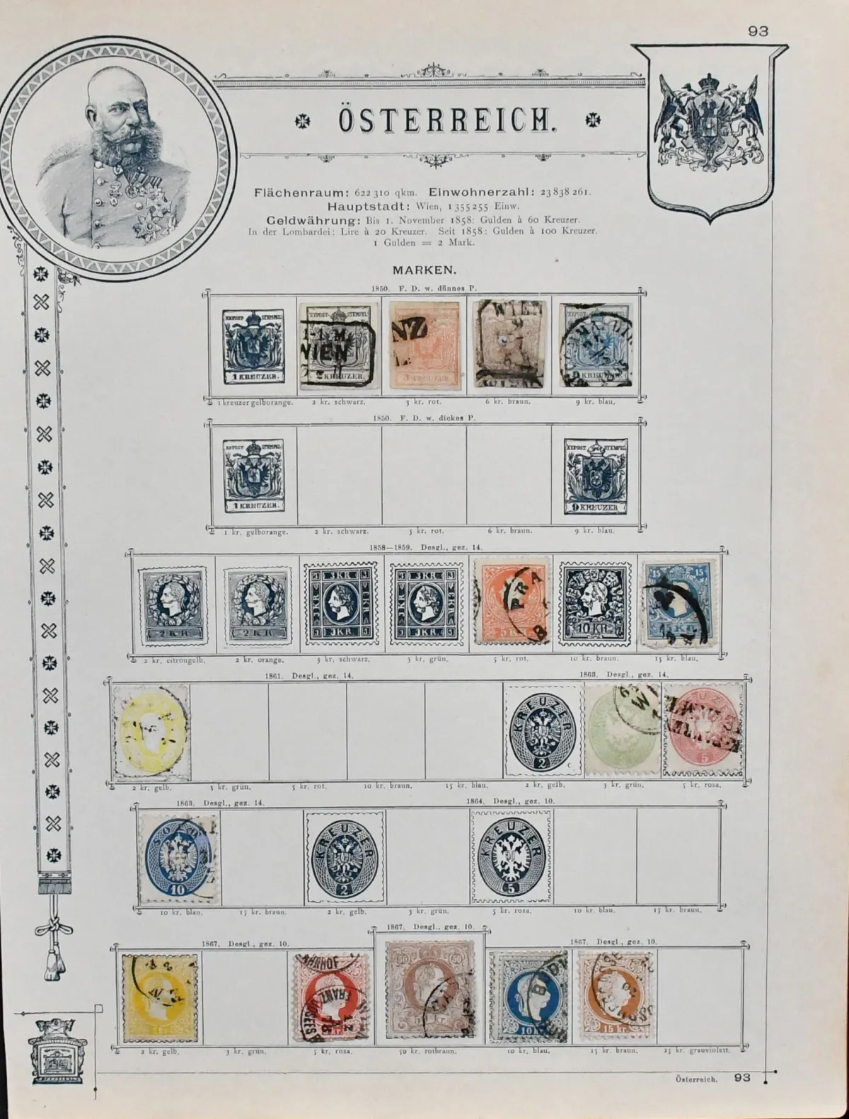 Österreich, 1850-1883, gest. Slg. in etwas untersch. Erhaltung auf alten Goldschnitt-Vordrucken, u.a. mit breitrandiger Nr. 2, 3-5, "Blauer Merkur" mit…