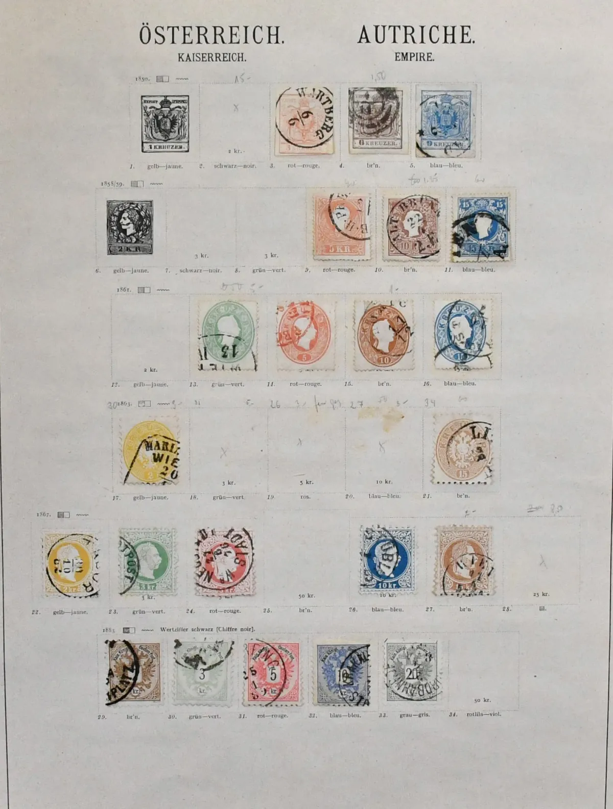 Austria, 1850-1914, głównie kasowana kolekcja na starych formularzach Schaubek, w tym m.in. nr 3-5, 19-22, 30 itd., ponadto Porto, oraz Levant i Lombardia-Wenecja