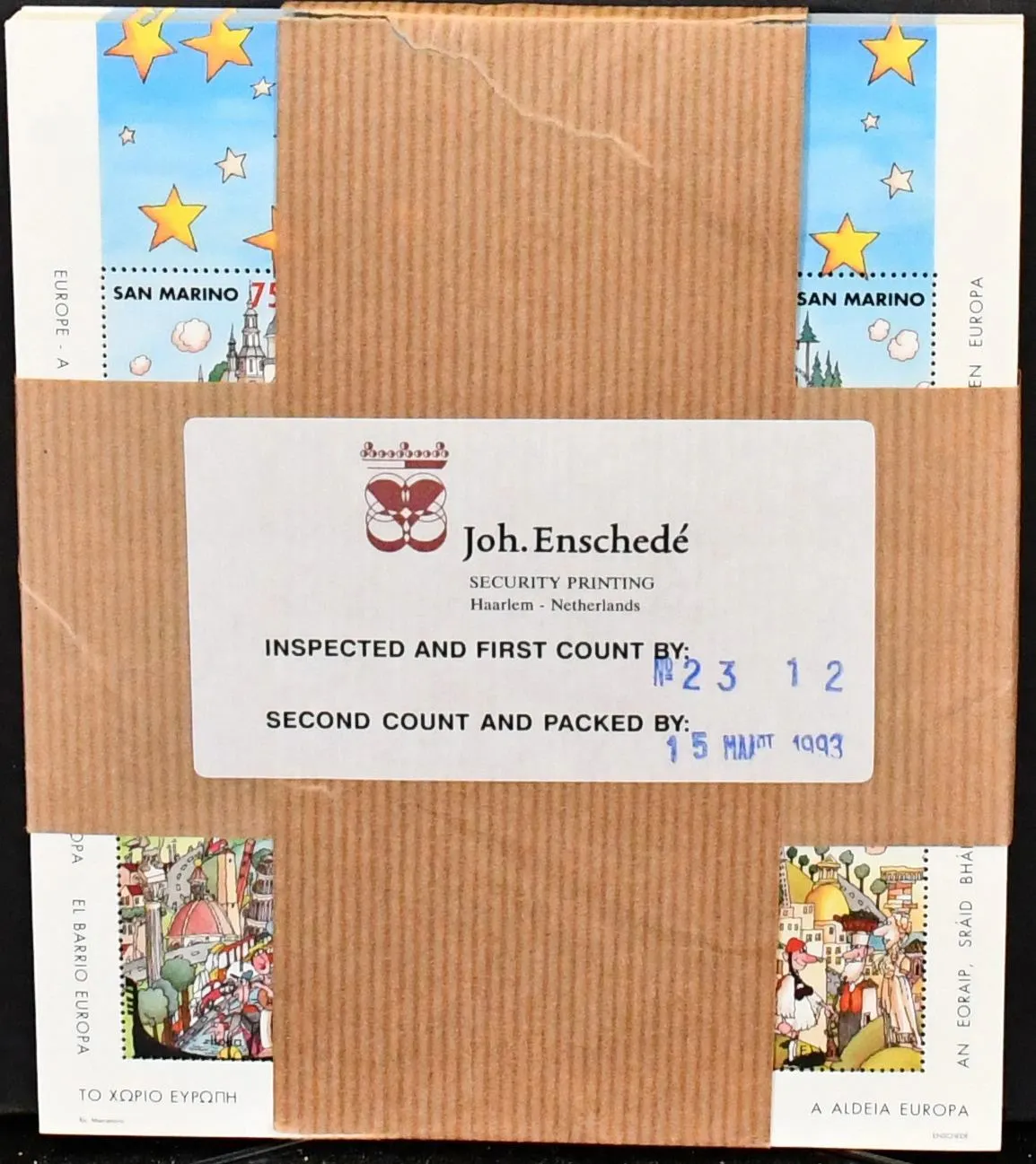 San Marino, 1993, postfrischer Bestand von 100 Exemplaren von Bl. 17, originalverpackt mit Siegel der Druckerei "Joh. Enschedé" (Haarlem/Niederlande), 1200,-…