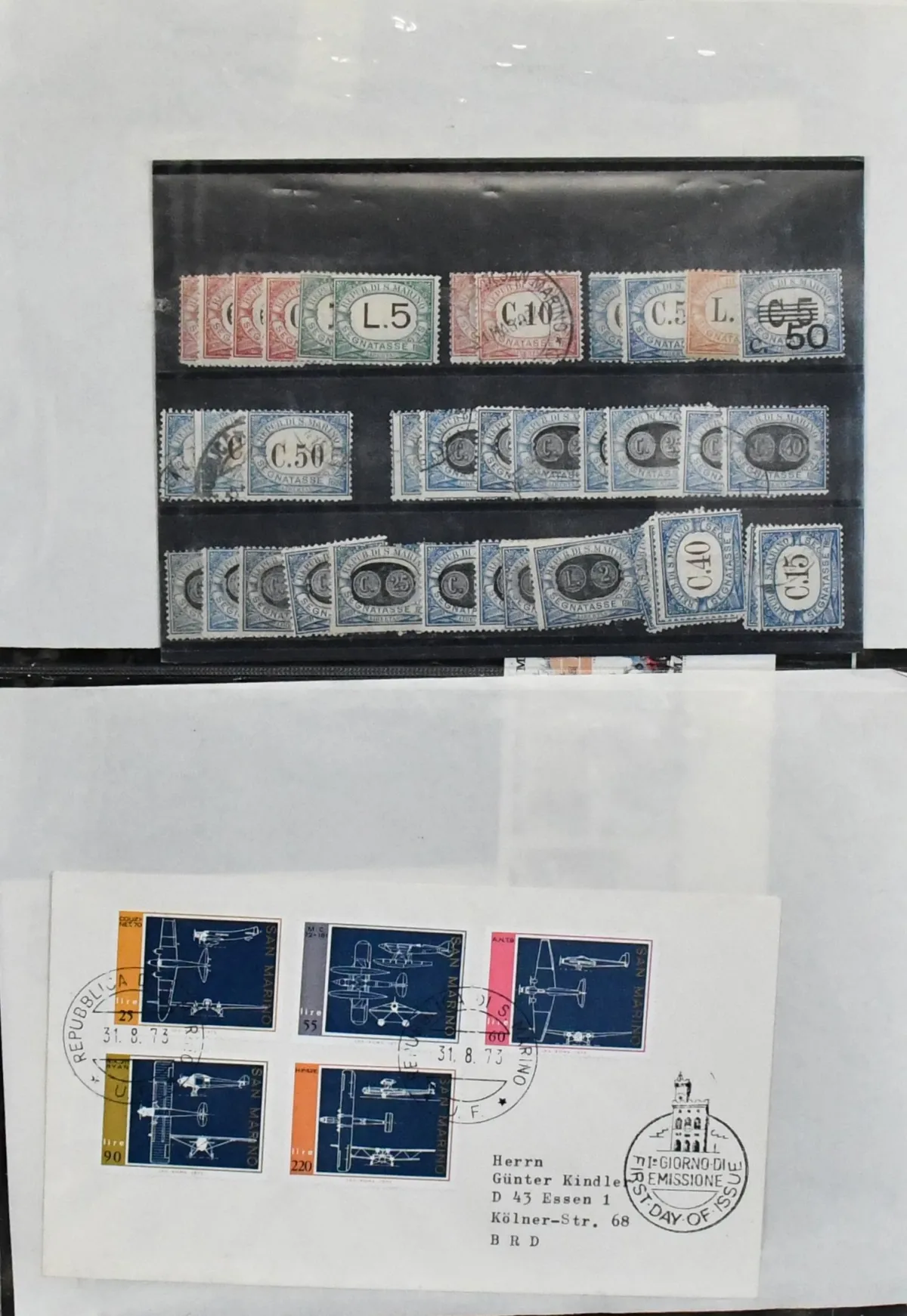 San Marino, lot with among others Porto no. 17, good no. 44/46 (Mi. 560,- for unused), parcel stamps etc.