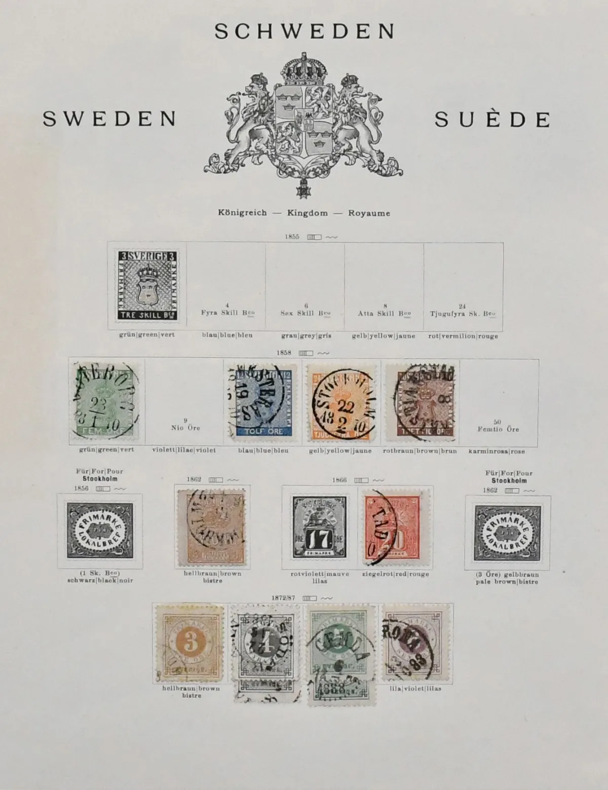 Sweden, 1858-1911, mostly used collection in predominantly good condition on old Schaubek pre-printed pages, including among others no. 7b, 9a, 10a, 11, 14II, 16, 17-25, 27, 54…