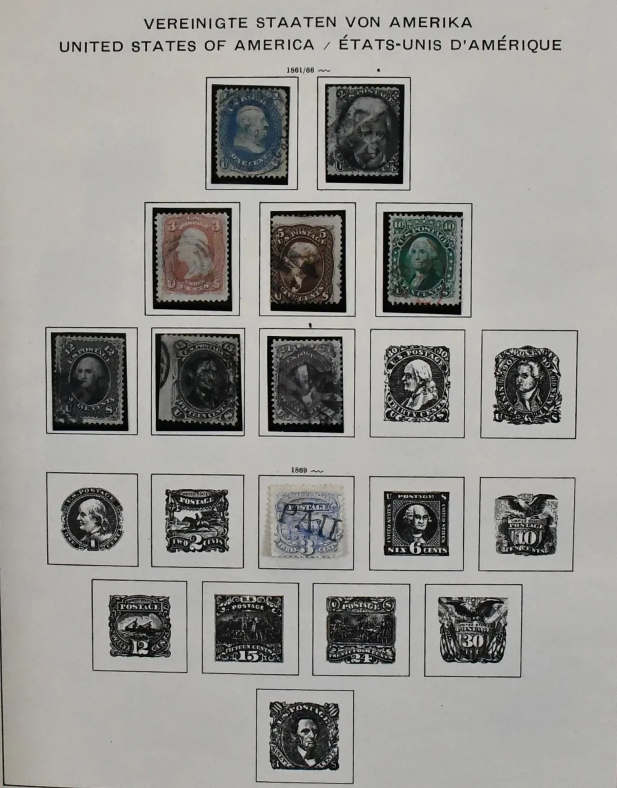 USA, 1851/1990, razítkovaná sbírka od klasiky, mj. č. 16/23, 61/71, 82/83, 103/13, 117/22, 132/37, 154/58, 249/50 atd., v předtištěném albu Schaubek. Navíc několik čistých hodnot v příloze. Michelova hodnota v roce 1997 byla podle přesného soupisu sběratele DM 9023,-