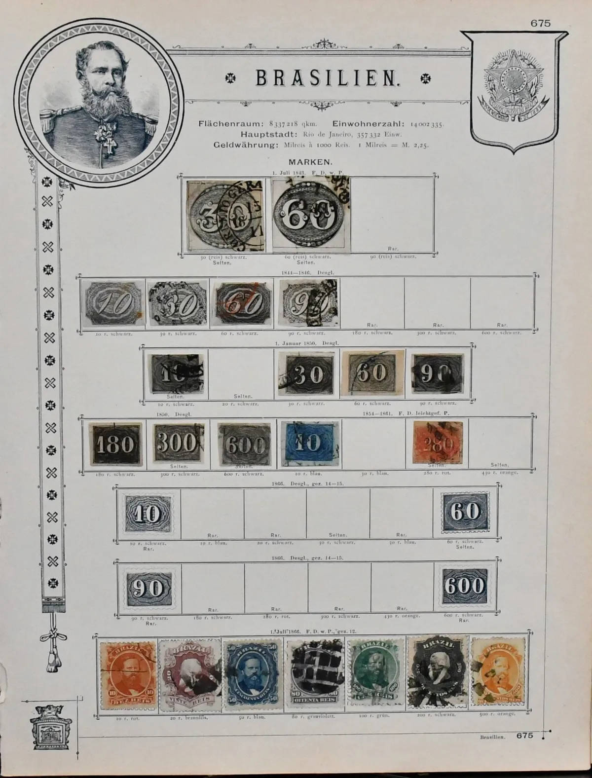 Brazil, 1843-1890, mostly used collection on old gilt-edged pre-printed sheets, including two Bull's Eyes (No. 1 and 2, the 30 R. with corner fault, the 60 R. slightly touched), No. 4-7, 11, 13-18, 21, 23-29, 36, 37, 47, 64 etc. Stamps partly adhering, but safely removable.