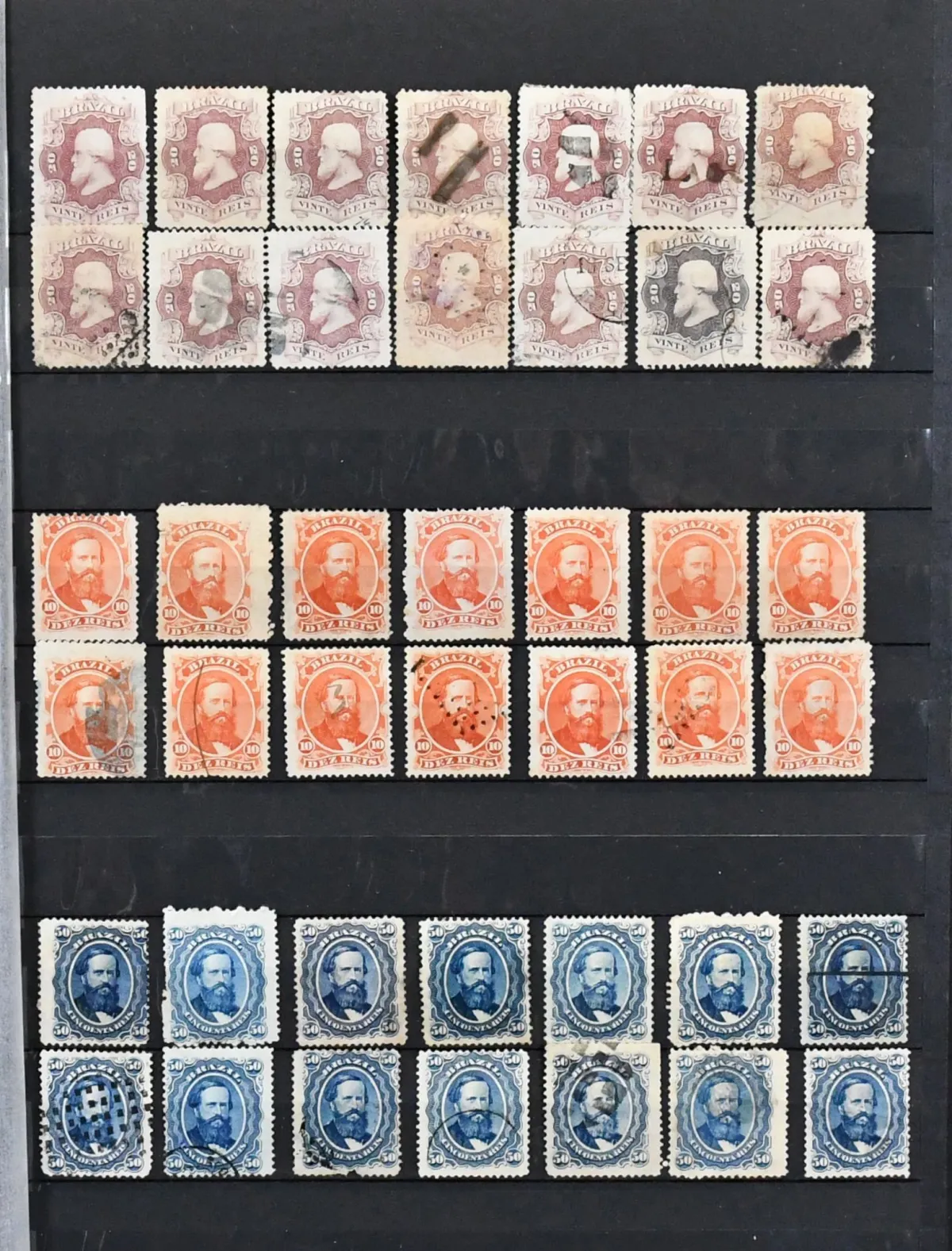 Brazil, 1866, specialised lot of the perforated "Dom Pedro" issue ex Mi.-Nr. 23-29 in often good condition on album pages, including several unused values, colour varieties and interesting cancellations, among others No. 28 per 37 (including one unused copy) and No. 29 per 16 (one unused), a total of 14 complete sets. Mi. 1800,-