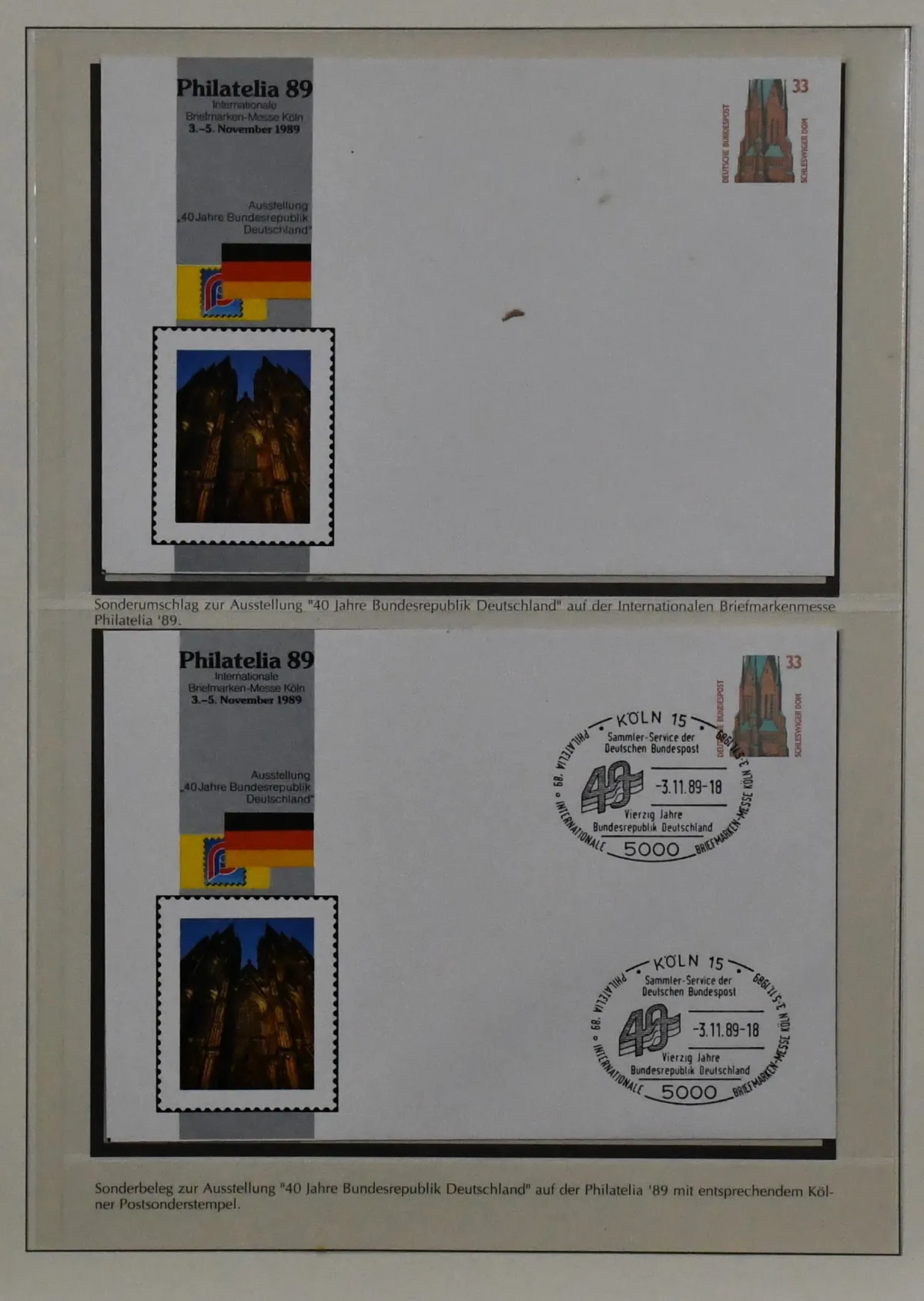 "40 Jahre Bundesrepublik", mint never hinged Sieger subscription collection, interspersed with some covers, in two as-new, richly illustrated Lindner pre-printed albums.