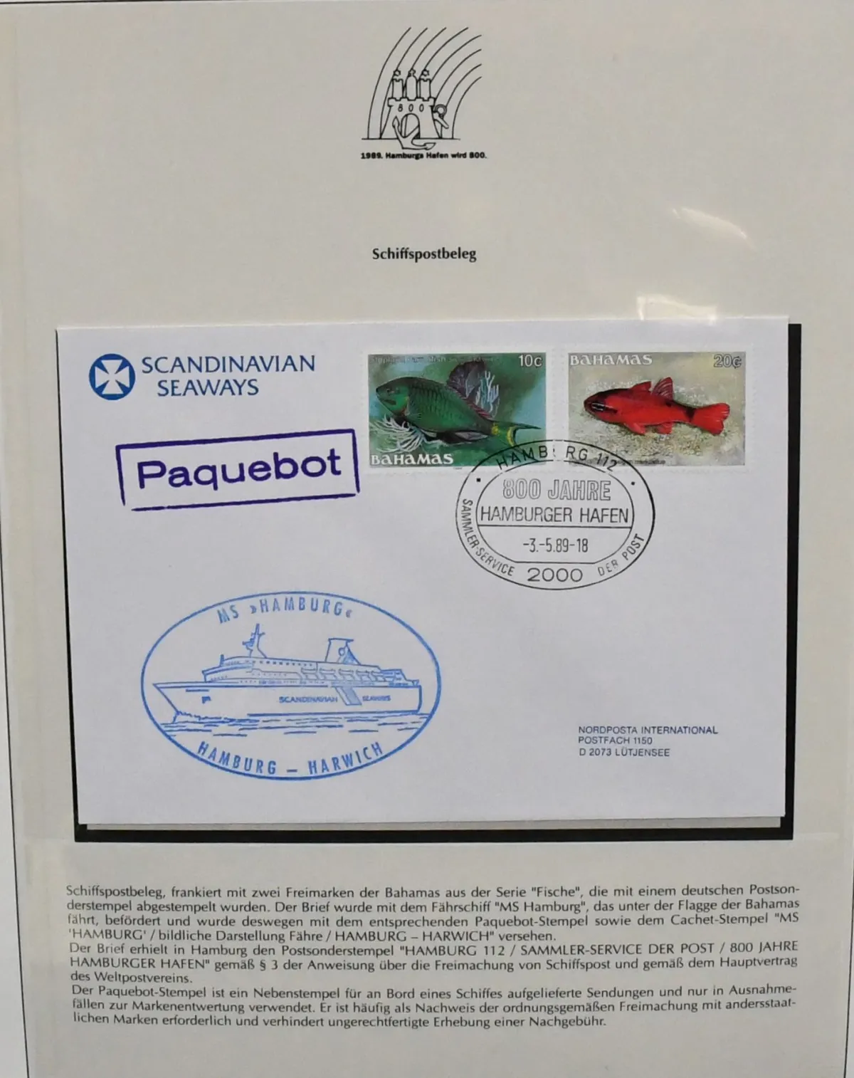 "800 ans du port de Hambourg", ancienne collection d'abonnement dans le classeur correspondant, avec documents, cachets et timbres sur le thème, sur 53 pages complètes au total