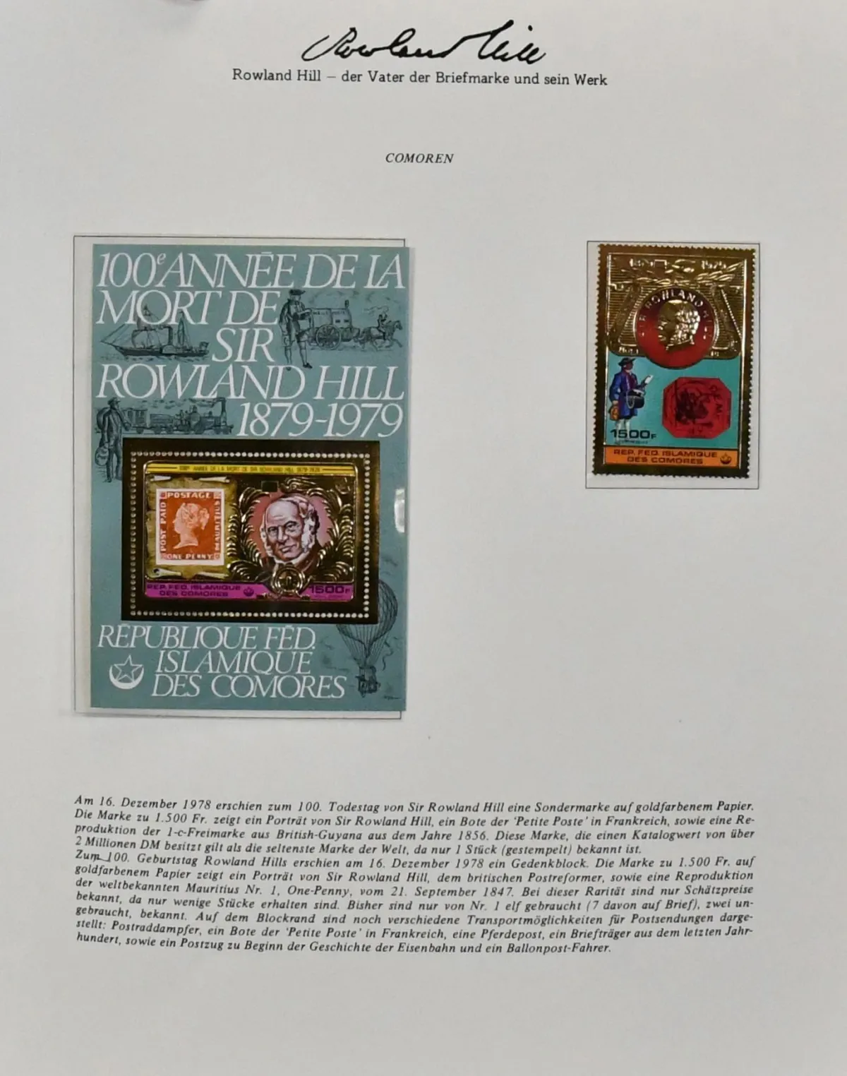 "Rowland Hill" und "die Geschichte der Briefmarke", zweibändige postfr. Slg. auf 137 vollen Seiten, mit Marken und Blocks, dabei natürlich viel Übersee mit…