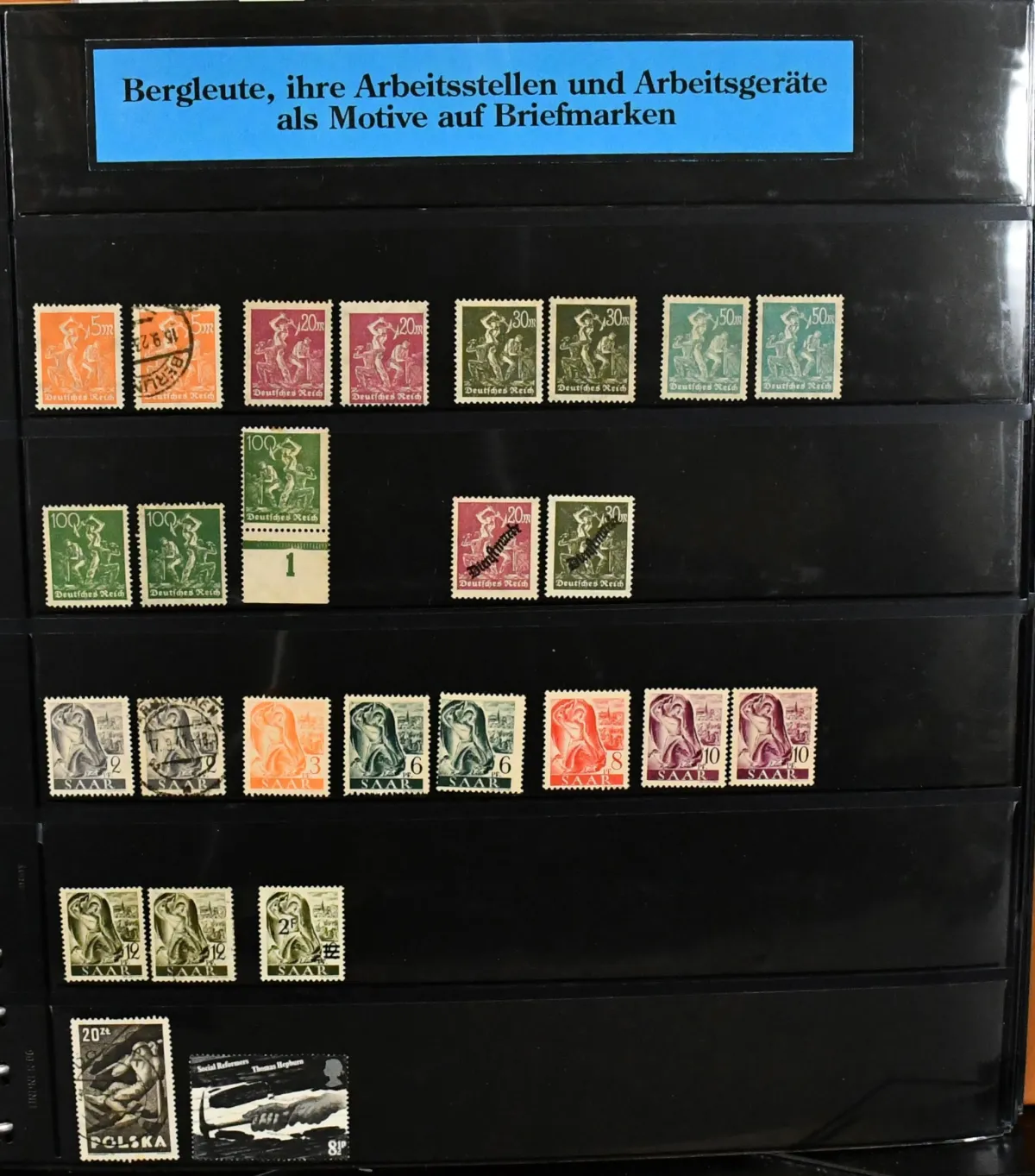 Mining, collection with stamps, cancellations and items in a Lindner ring binder, interesting material (mainly Germany)