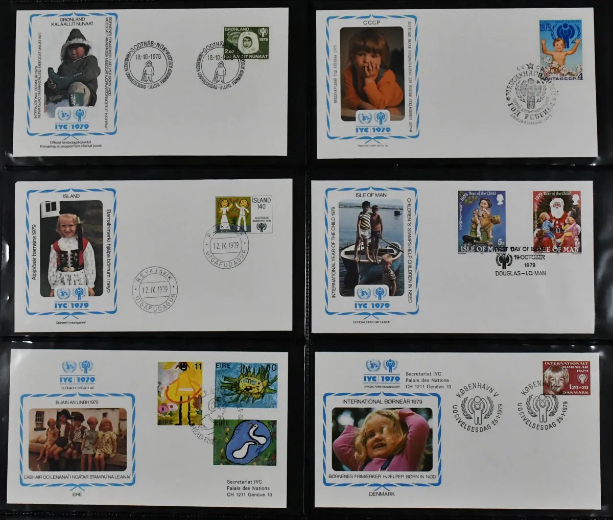 Rok Dziecka 1979, obszerna kolekcja FDC z samymi 59 blokami (bez Chin), wiele pojedynczych walorów w tym Chiny, itd., w trzech segregatorach