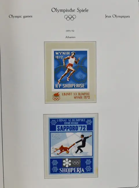 Igrzyska Olimpijskie 1972, kolekcja nieużywanych znaczków w nowym albumie KABE z nadrukiem, m.in. nieząbkowane wydania Węgier, około 40 bloków i arkusików itd., wszystko…