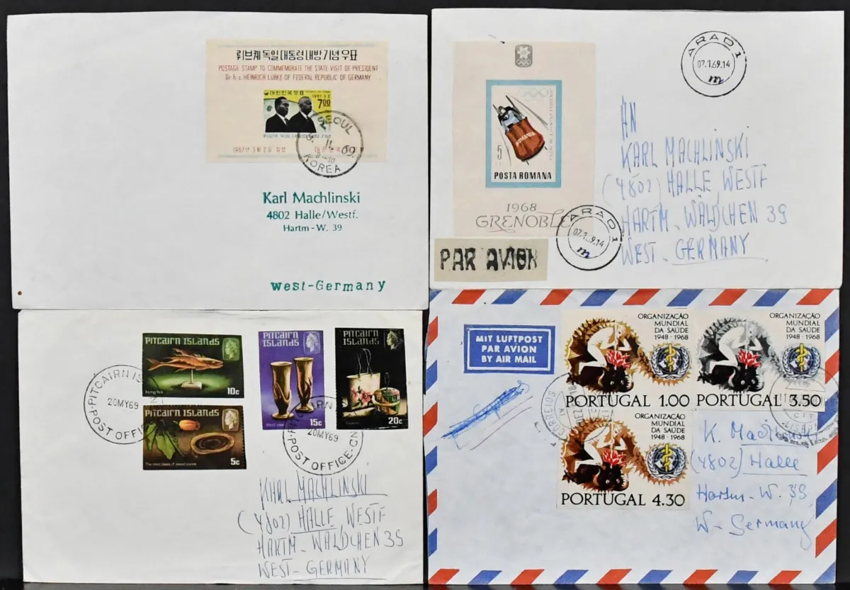 Hele wereld, 1968/69, elf brieven elk met gesneden postfraude-uitgaven, o.a. uit Portugal, Zuid-Korea, Roemenië, Tsjecho-Slowakije, Hongarije en Bulgarije