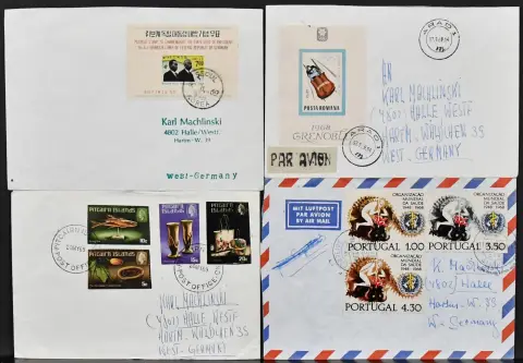 Worldwide, 1968/69, eleven letters each with cut postal fraud issues, among others from Portugal, South Korea, Romania, Czechoslovakia, Hungary and Bulgaria