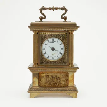 LORENZ FURTWÄNGLER & SÖHNE (LFS), réveil / horloge de table avec mécanisme musical, remontage manuel, laiton, début du 20e siècle, Allemagne.