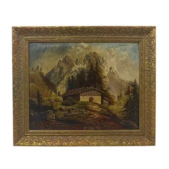 GEMÄLDE LANDSCHAFT MIT BERGHÜTTE.