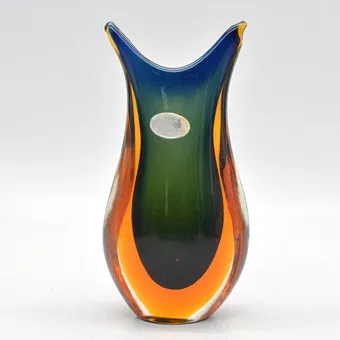 FLAVIO POLI. MURANO DESIGNERVASE, STUDIOGLAS, SOMMERSO, ITALIEN, UM 1950, MIT ETIKETT.