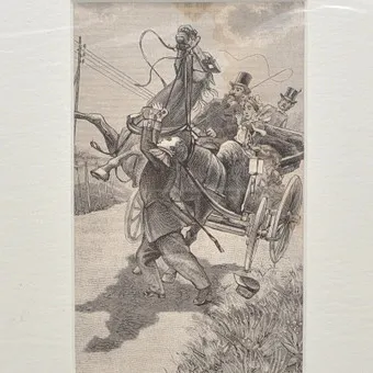 UNFALLSZENE MIT KUTSCHER, STAHLSTICH, UM 1895, IM PASSEPARTOUT.
