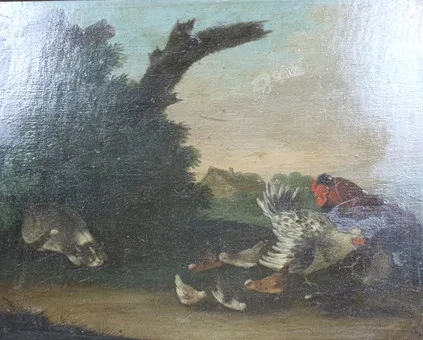 JOHANN ADAM FASSAUER (?-1787). Huile sur panneau, '' Chat et poules '' vers le 17e siècle.