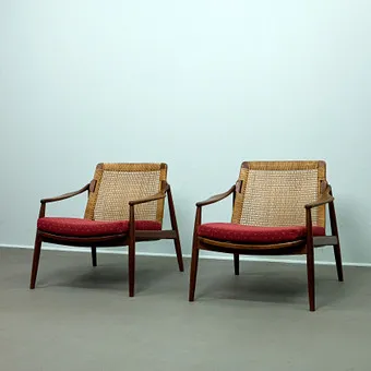 HARTMUT LOHMEYER for Wilkhahn, two lounge chairs, teak, rattan weave, 1950s, Germany (2).