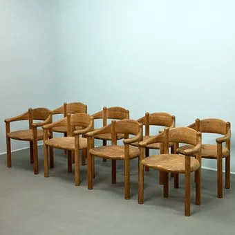 RAINER DAUMILLER. Hirtshals Savværk. Ensemble de chaises / fauteuils, pin, Danemark, années 1980. (8).