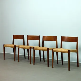 POUL CADOVIUS. Royal System, four chairs / dining chairs, teak, paper cord, 1960s, Denmark (4).