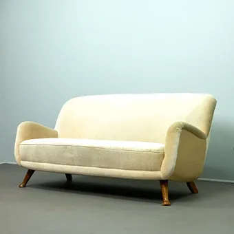 BERGA MOBLER. Three-seater / sofa, beech, fabric, 1940-1950s, Sweden.