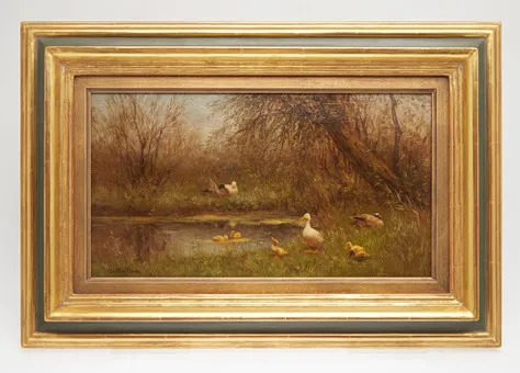 CONSTANTIN ARTZ. 'Enten am Flussufer', Ölgemälde.