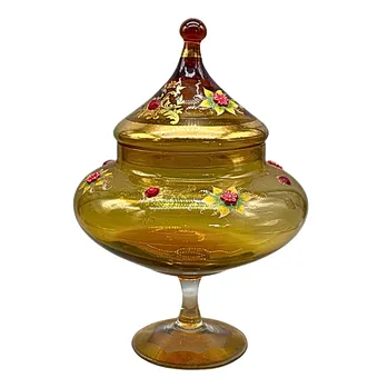 BONBONNIERE AUS GELBEM GLAS MIT STANDFUSS - FLORALES DESIGN.