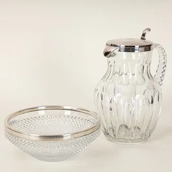 GEBRÜDER KÜHN et al. water jug and round bowl with silver mounts, crystal glass, Schwäbisch Gmünd etc., 20th c. (2).