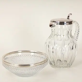 GEBRÜDER KÜHN et al. water jug and round bowl with silver mounts, crystal glass, Schwäbisch Gmünd etc., 20th c. (2).