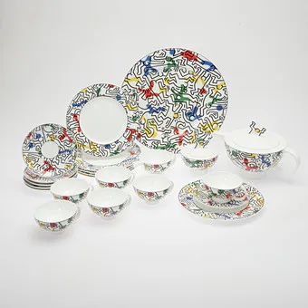 KEITH HARING. Villeroy & Boch, limited tea service for 6 persons, 'No.1 Spirit of Art', porcelain, 1991, Germany. (22).