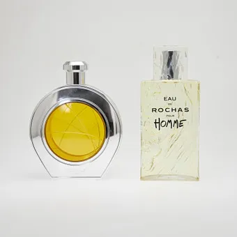 ROCHAS. Para dużych flakonów, szkło, plastik, lata 1990, Francja. (2).