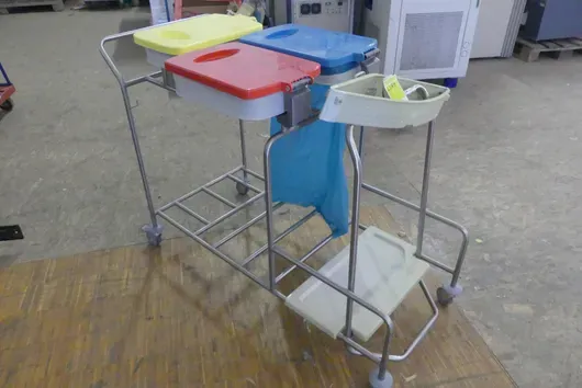 Waste collection trolley, mobile, with 3 bag holders and tray