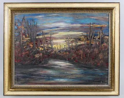 Dark river landscape, signed unknown artist.