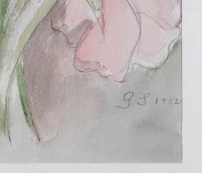 Červené tulipány, monogramované.