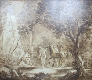 HANS ALBERT SIMON-SCHAEFER (1907-1993). Impression sur bois. "Nymphes se baignant dans une clairière boisée".