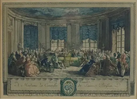 SAINT-AUBIN, AUGUSTIN DE. PODLE. "Le Concert. A Madame la Comteße de Saint Brißon", starokolorovaný mědiryt, kolem 1820.