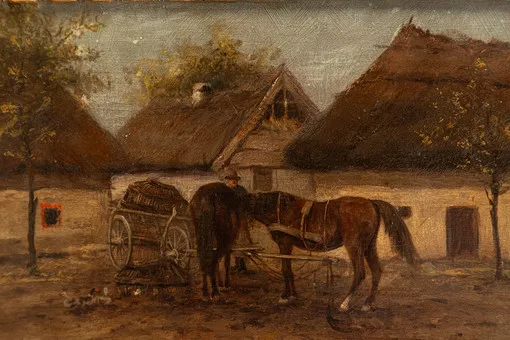 БЕЛА НЕМЕТ (1856-?). Лошади у воза с сеном.