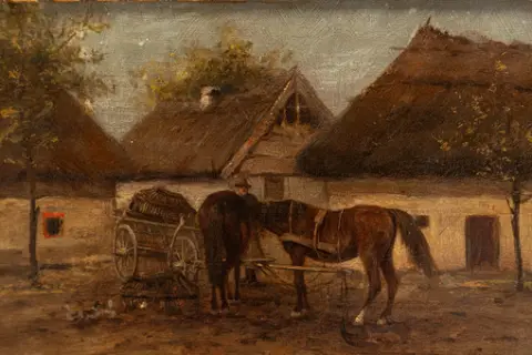 BELA NEMETH (1856-?). Konie przy wozie z sianem.