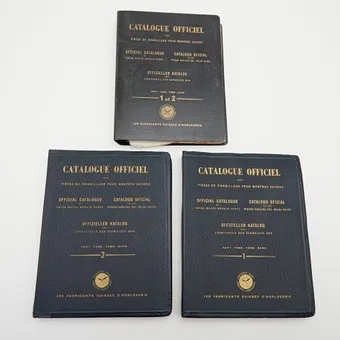 Three volumes, 'Official Catalogue of Original Spare Parts for the Repair of the Swiss Watch', quadrilingual, ed. by Les Fabricants Suisses d'Horlogerie, 1949 / 1955, Switzerland. (3).