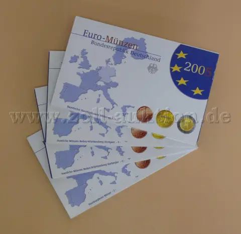 4 sady oběžných euromincí SRN 2005, ze 4 mincoven -DFGJ- kompletní, stříbrný lesk