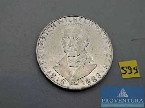 Silbermünze Bundesrepublik Deutschland 5 DM Friedrich Wilhelm Raiffeisen 1968 vz Silber .625 11.2 gr Rauhgewicht
