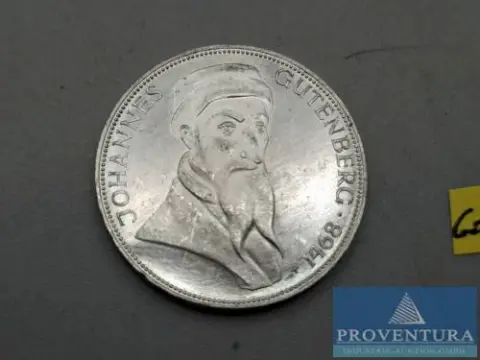 Pièce en argent République fédérale d'Allemagne 5 DM Johannes Gutenberg 1968 vz argent .625 11,2 gr poids brut