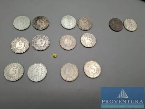 Silver coins Federal Republic of Germany 14x 5 DM Silver Eagle 1964-1969 Silver .625 11.2 g gross weight