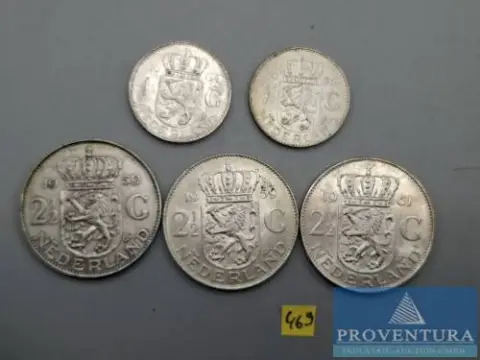 Monety srebrne Holandia 2x 1 gulden + 3x 2 1/2 gulden srebro .720 waga brutto 6,50 g