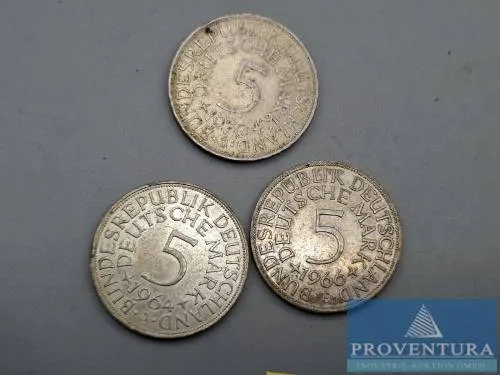 Silbermünzen Bundesrepublik Deutschland 5 DM 1964J 1966F 1970J Silber .625 Rauhgewicht 11.2 gr