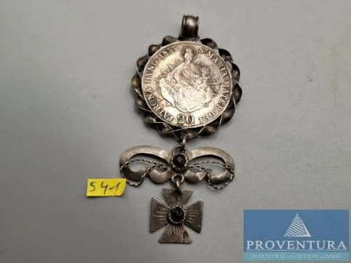 Bijou traditionnel vers 1900 avec pièce Autriche 20 Kreutzer 1833B Madonna EH1383 argent .583 6,68 gr poids brut