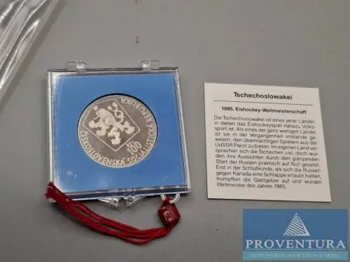Silbermünze Tschechoslowakei 100 Kronen Eishockey-Weltmeisterschaft 1985 pp Silber .500 Rauhgewicht 9 gr