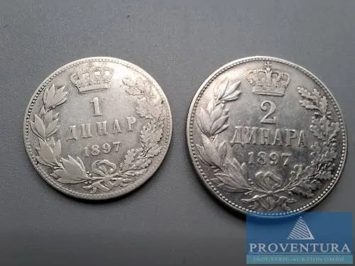 Silbermünzen Serbien 1897 1 Dinar 2 Dinar KM21