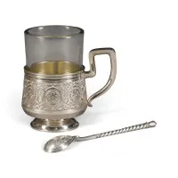 SEHR FEINE TEEGLAS-HALTER MIT LÖFFEL IM ORIGINAL-ETUI