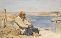 'Oude vrouw aan de oever van de Oka'